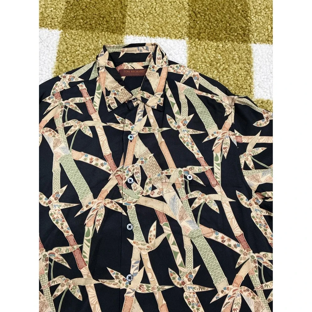 Tori Richard Honolulu Mens Silk Lyocell Bamboo Print Aloha Shirt Black Medium
